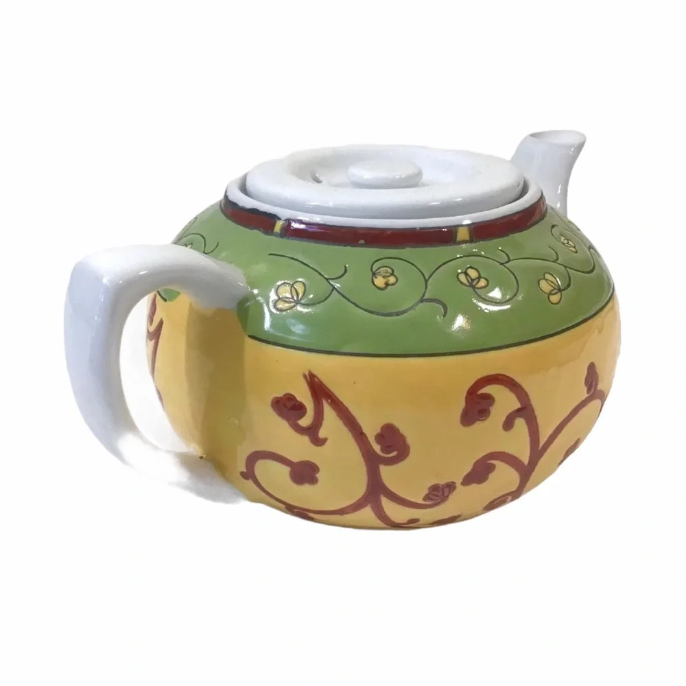 Vintage Pier 1 Porcelain Teapot Hand-Painted Floral Vine Design Green Yellow Red
